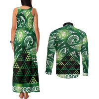 Matariki New Zealand Couples Matching Tank Maxi Dress and Long Sleeve Button Shirt NZ Niho Taniwha Maori New Year Green Galaxy
