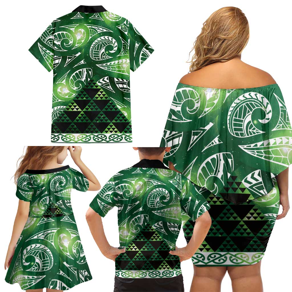 Matariki New Zealand Family Matching Off Shoulder Short Dress and Hawaiian Shirt NZ Niho Taniwha Maori New Year Green Galaxy LT14 - Polynesian Pride