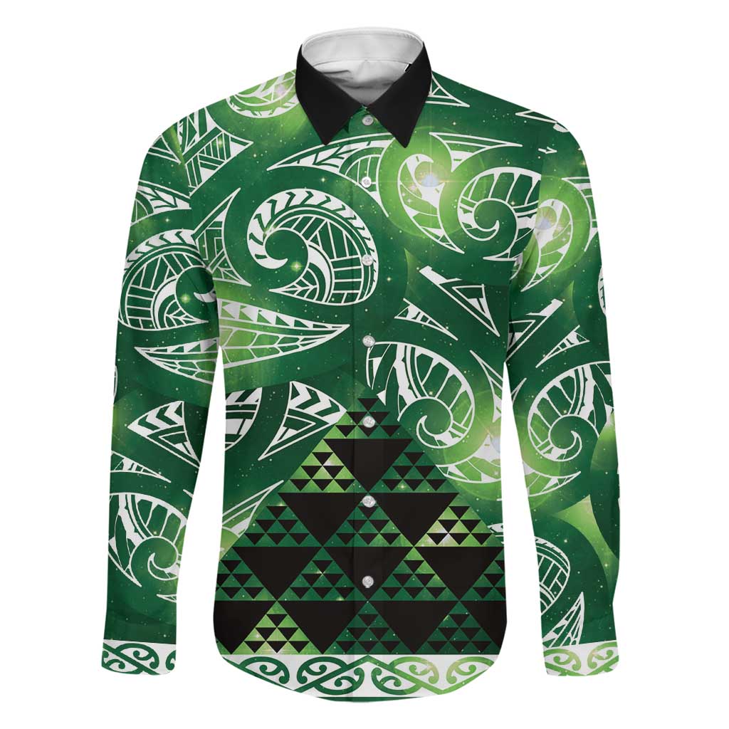 Matariki New Zealand Family Matching Puletasi and Hawaiian Shirt NZ Niho Taniwha Maori New Year Green Galaxy LT14 Dad's Shirt - Long Sleeve Green - Polynesian Pride