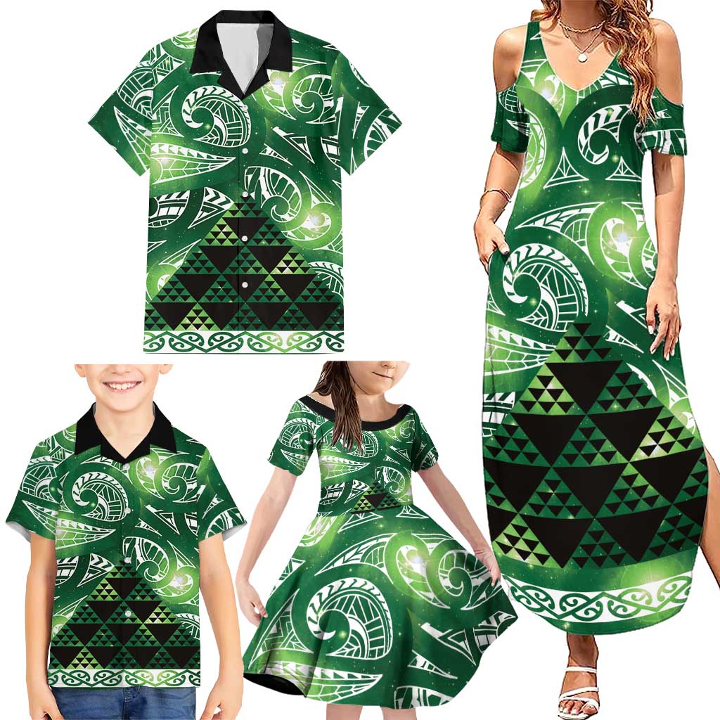 Matariki New Zealand Family Matching Summer Maxi Dress and Hawaiian Shirt NZ Niho Taniwha Maori New Year Green Galaxy LT14 - Polynesian Pride