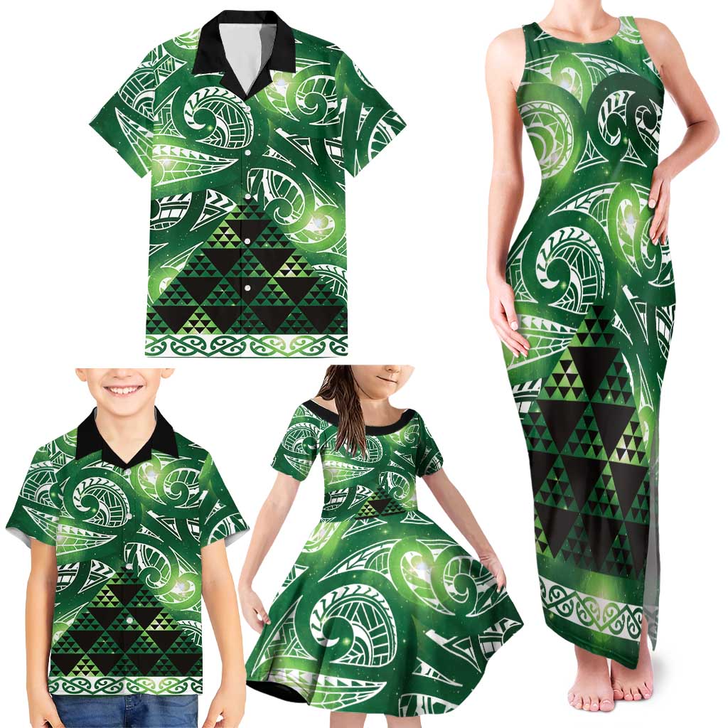 Matariki New Zealand Family Matching Tank Maxi Dress and Hawaiian Shirt NZ Niho Taniwha Maori New Year Green Galaxy LT14 - Polynesian Pride