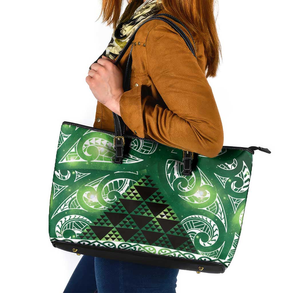 Matariki New Zealand Leather Tote Bag NZ Niho Taniwha Maori New Year Green Galaxy LT14 Green - Polynesian Pride