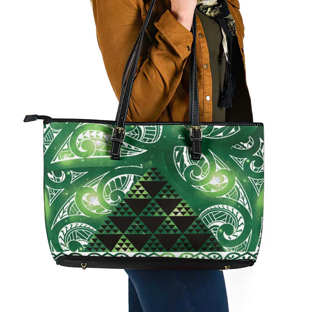 Matariki New Zealand Leather Tote Bag NZ Niho Taniwha Maori New Year Green Galaxy LT14 - Polynesian Pride