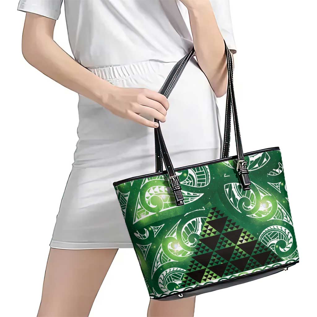 Matariki New Zealand Leather Tote Bag NZ Niho Taniwha Maori New Year Green Galaxy LT14 - Polynesian Pride