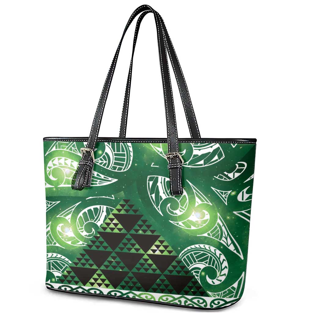 Matariki New Zealand Leather Tote Bag NZ Niho Taniwha Maori New Year Green Galaxy LT14 - Polynesian Pride