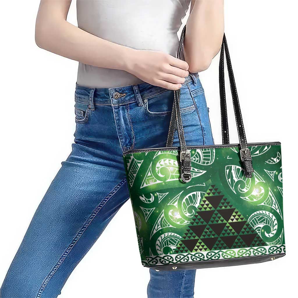 Matariki New Zealand Leather Tote Bag NZ Niho Taniwha Maori New Year Green Galaxy LT14 - Polynesian Pride