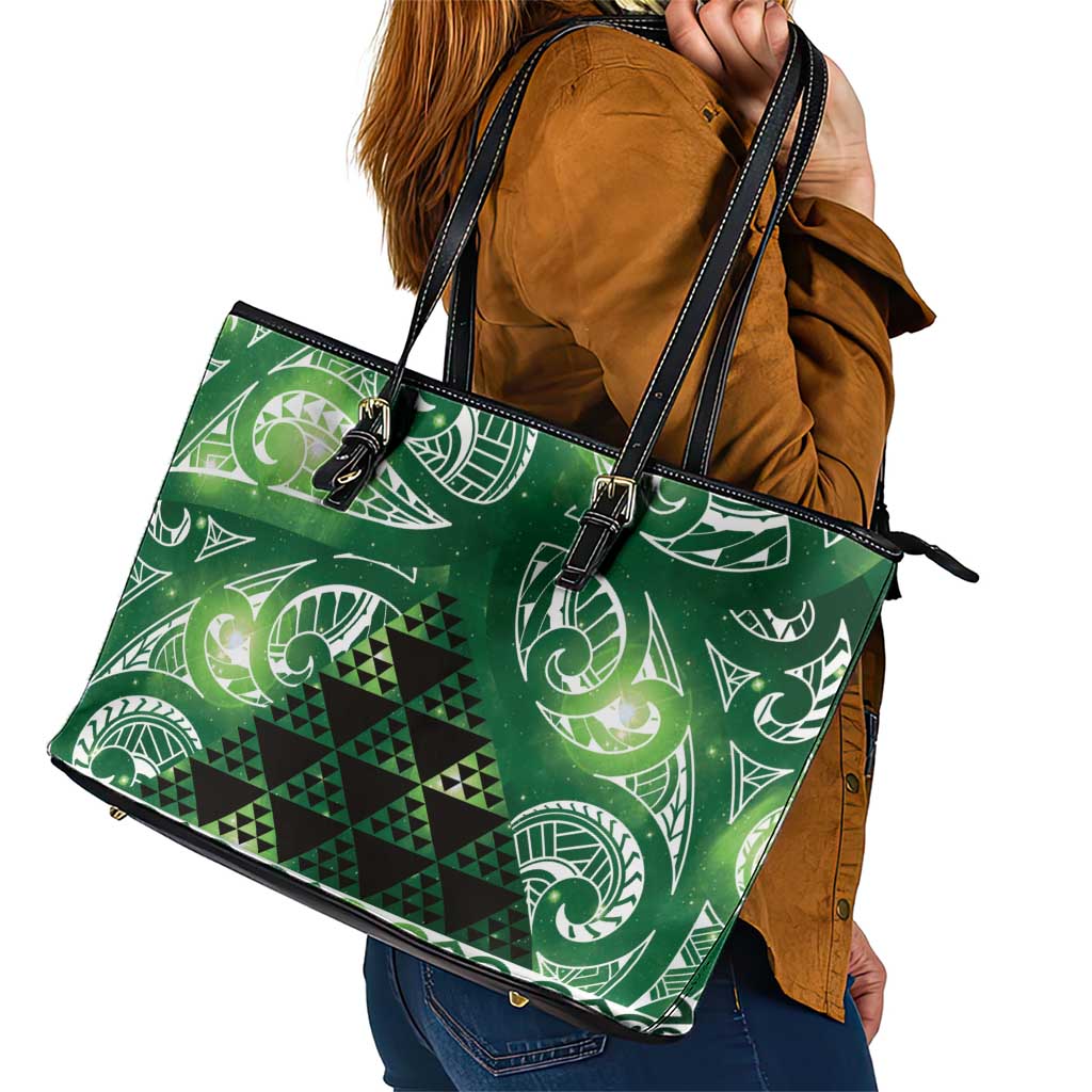 Matariki New Zealand Leather Tote Bag NZ Niho Taniwha Maori New Year Green Galaxy LT14 - Polynesian Pride