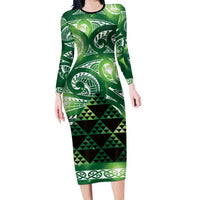 Matariki New Zealand Long Sleeve Bodycon Dress NZ Niho Taniwha Maori New Year Green Galaxy LT14 Long Dress Green - Polynesian Pride