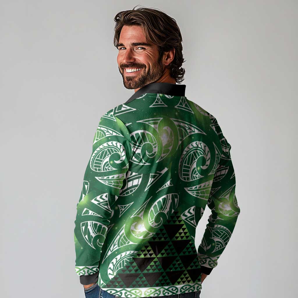 Matariki New Zealand Long Sleeve Polo Shirt NZ Niho Taniwha Maori New Year Green Galaxy LT14 - Polynesian Pride