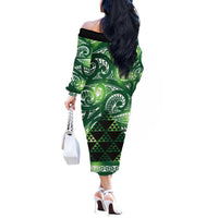 Matariki New Zealand Off The Shoulder Long Sleeve Dress NZ Niho Taniwha Maori New Year Green Galaxy LT14 - Polynesian Pride