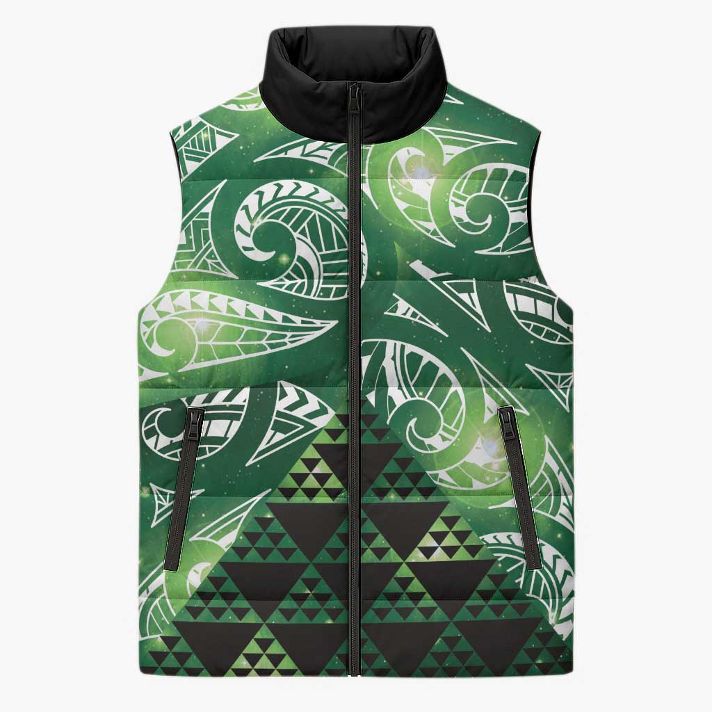 Matariki New Zealand Sleeveless Puffer Jacket NZ Niho Taniwha Maori New Year Green Galaxy LT14 Unisex Green - Polynesian Pride