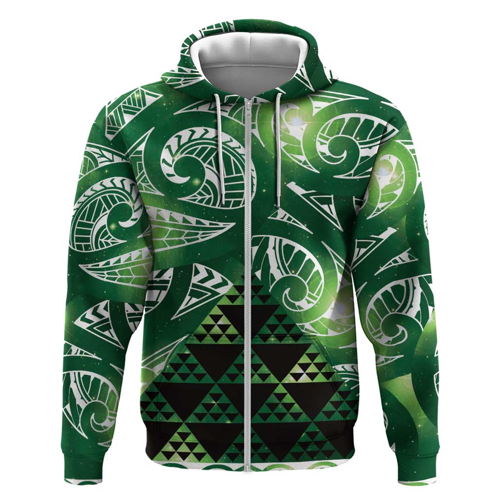 Matariki New Zealand Zip Hoodie NZ Niho Taniwha Maori New Year Green Galaxy LT14 Zip Hoodie Green - Polynesian Pride