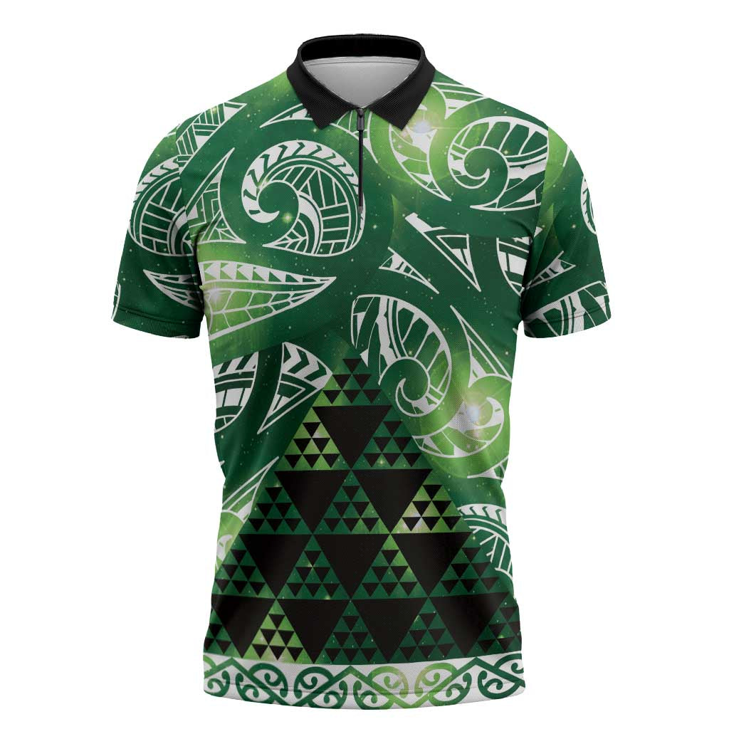 Matariki New Zealand Zipper Polo Shirt NZ Niho Taniwha Maori New Year Green Galaxy LT14 Green - Polynesian Pride