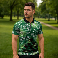 Matariki New Zealand Zipper Polo Shirt NZ Niho Taniwha Maori New Year Green Galaxy LT14 - Polynesian Pride