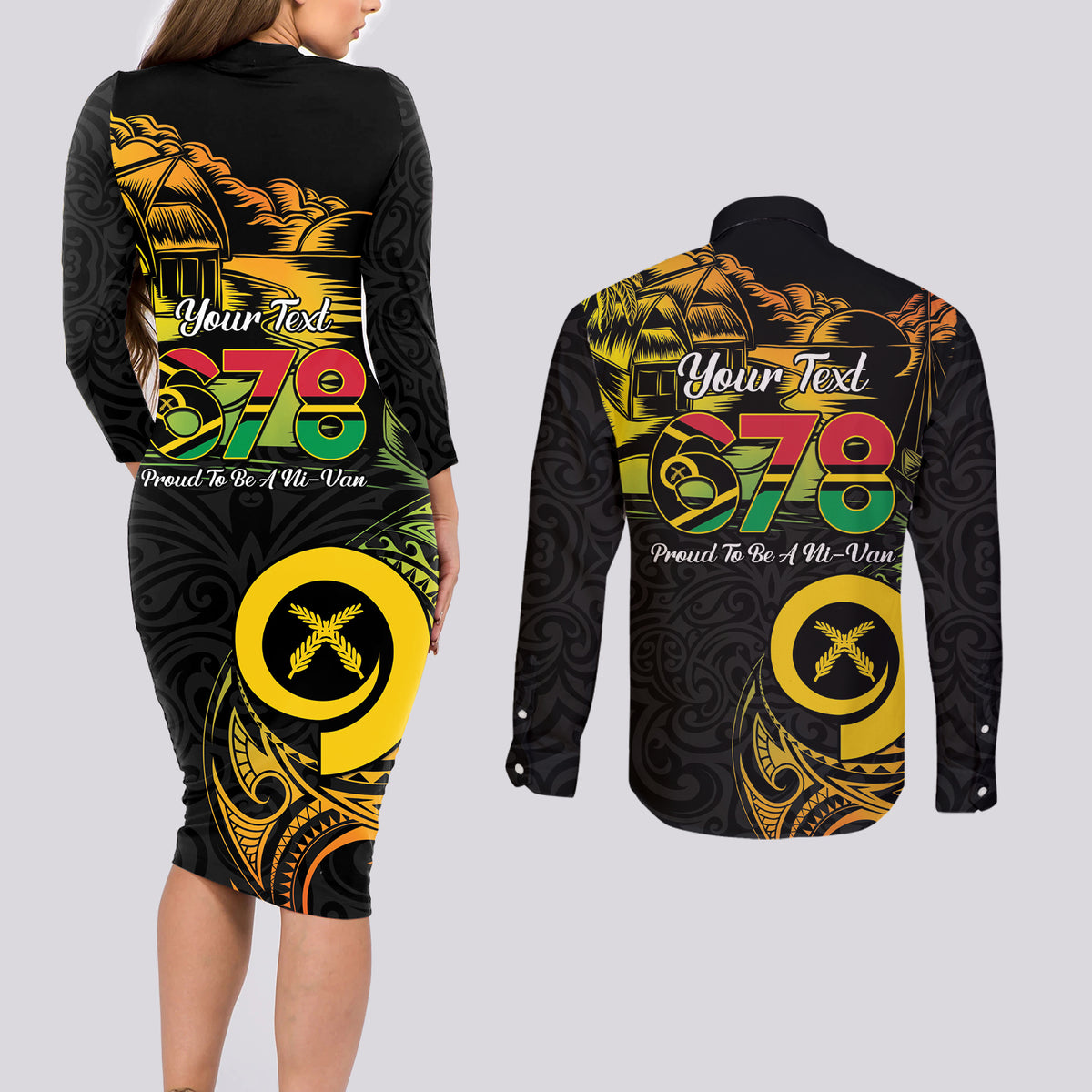 Personalised Vanuatu 678 Couples Matching Long Sleeve Bodycon Dress and Long Sleeve Button Shirt Proud To Be A Ni-Van LT14 - Polynesian Pride
