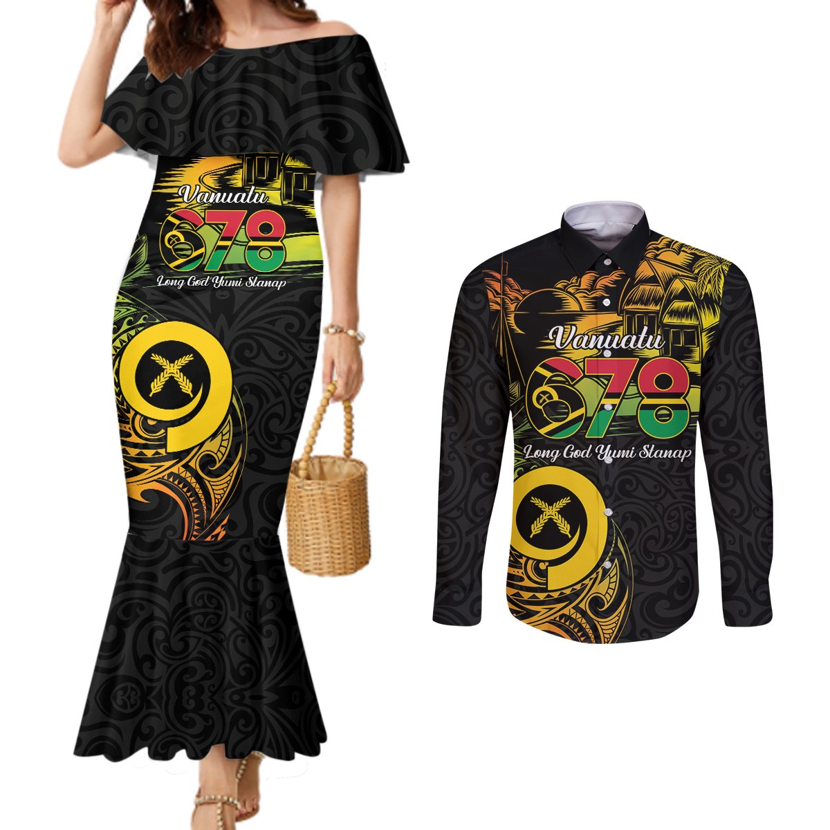 Personalised Vanuatu 678 Couples Matching Mermaid Dress and Long Sleeve Button Shirt Proud To Be A Ni-Van LT14 Black - Polynesian Pride