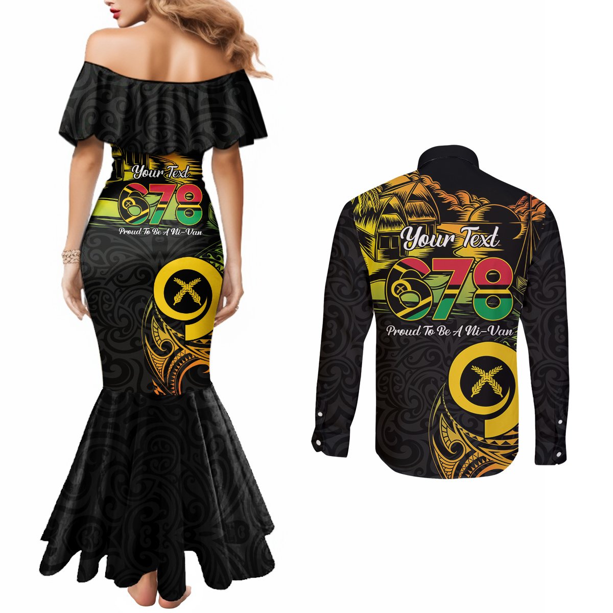 Personalised Vanuatu 678 Couples Matching Mermaid Dress and Long Sleeve Button Shirt Proud To Be A Ni-Van LT14 - Polynesian Pride