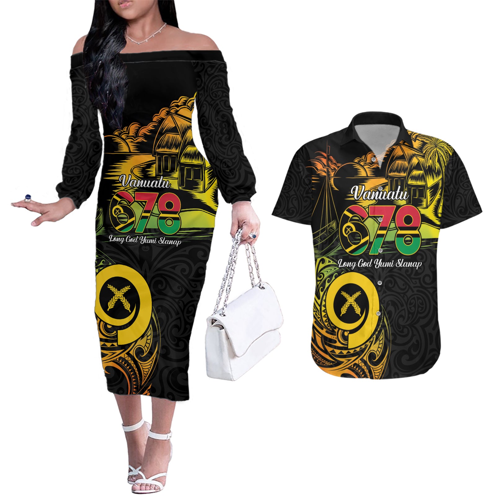 Personalised Vanuatu 678 Couples Matching Off The Shoulder Long Sleeve Dress and Hawaiian Shirt Proud To Be A Ni-Van