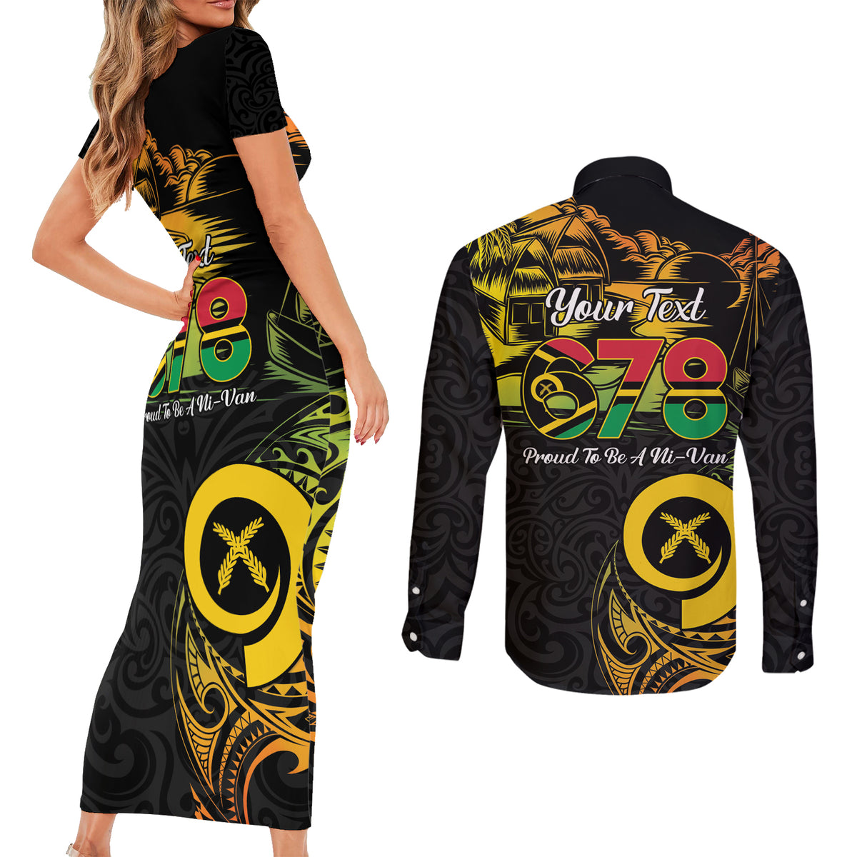 Personalised Vanuatu 678 Couples Matching Short Sleeve Bodycon Dress and Long Sleeve Button Shirt Proud To Be A Ni-Van LT14 - Polynesian Pride