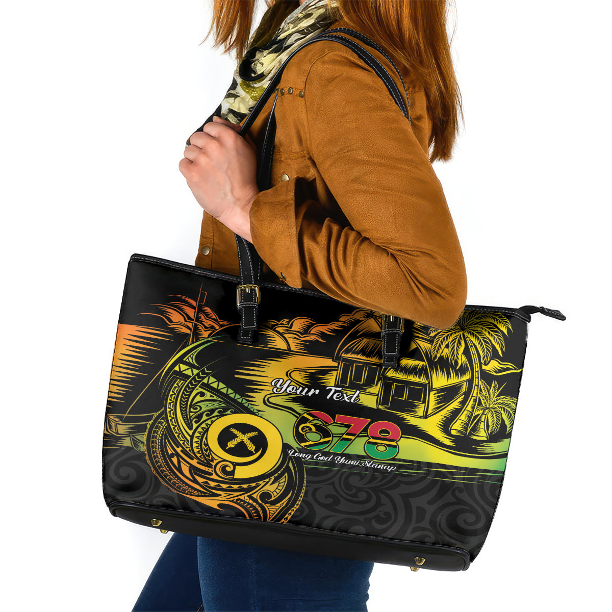 Personalised Vanuatu 678 Leather Tote Bag Proud To Be A Ni-Van LT14 Black - Polynesian Pride
