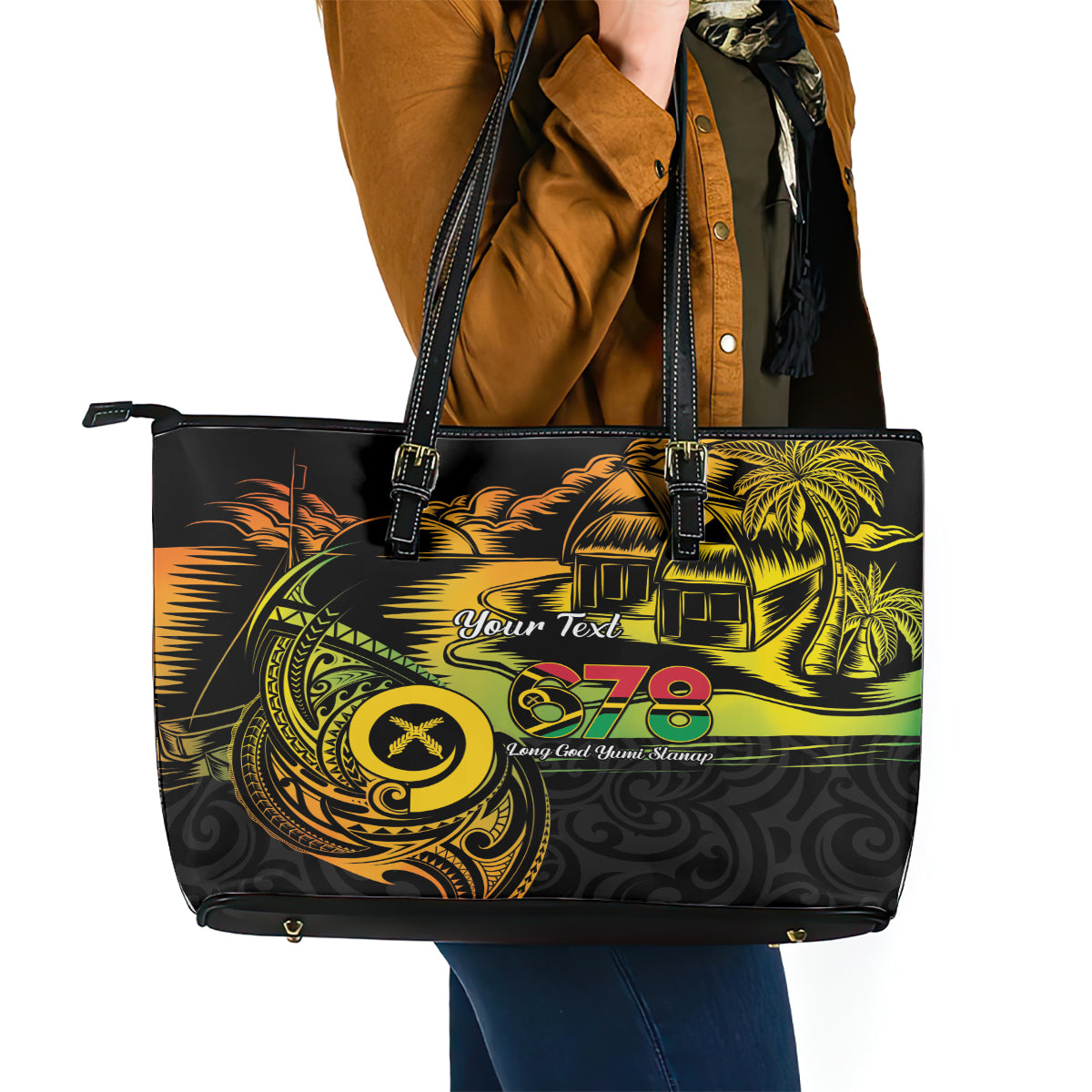 Personalised Vanuatu 678 Leather Tote Bag Proud To Be A Ni-Van LT14 - Polynesian Pride