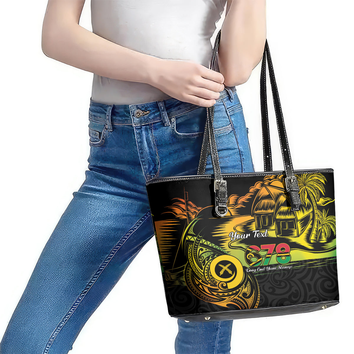 Personalised Vanuatu 678 Leather Tote Bag Proud To Be A Ni-Van LT14 - Polynesian Pride