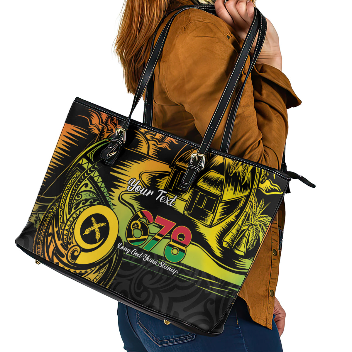 Personalised Vanuatu 678 Leather Tote Bag Proud To Be A Ni-Van LT14 - Polynesian Pride