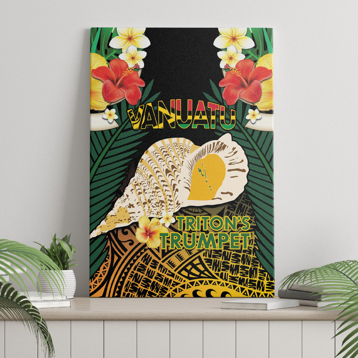 Vanuatu Triton's Trumpet Canvas Wall Art Tropical Flowers Vanuatuan Map