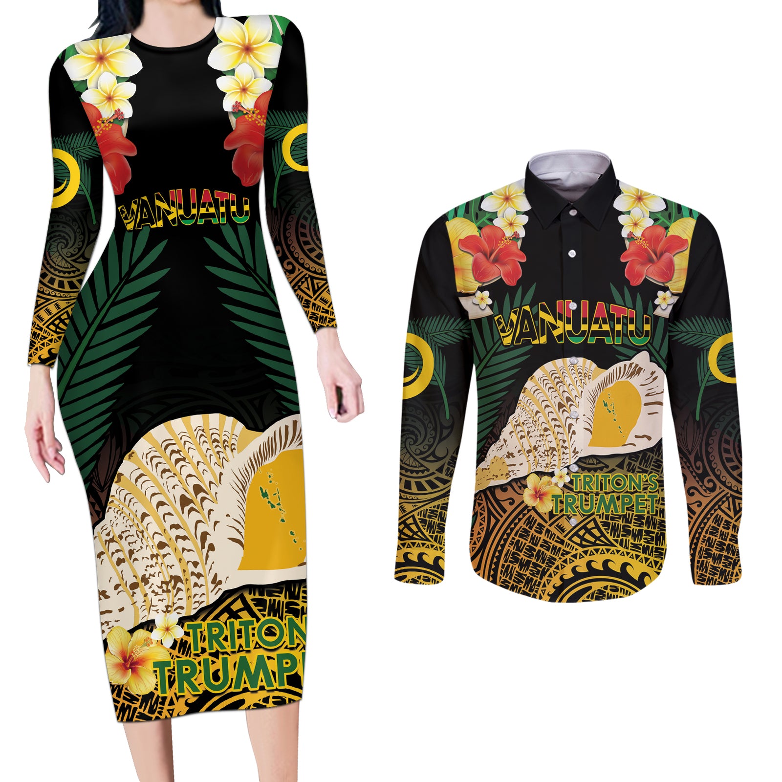 Vanuatu Triton's Trumpet Couples Matching Long Sleeve Bodycon Dress and Long Sleeve Button Shirt Tropical Flowers Vanuatuan Map LT14 Black - Polynesian Pride