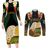 Vanuatu Triton's Trumpet Couples Matching Long Sleeve Bodycon Dress and Long Sleeve Button Shirt Tropical Flowers Vanuatuan Map LT14 Black - Polynesian Pride