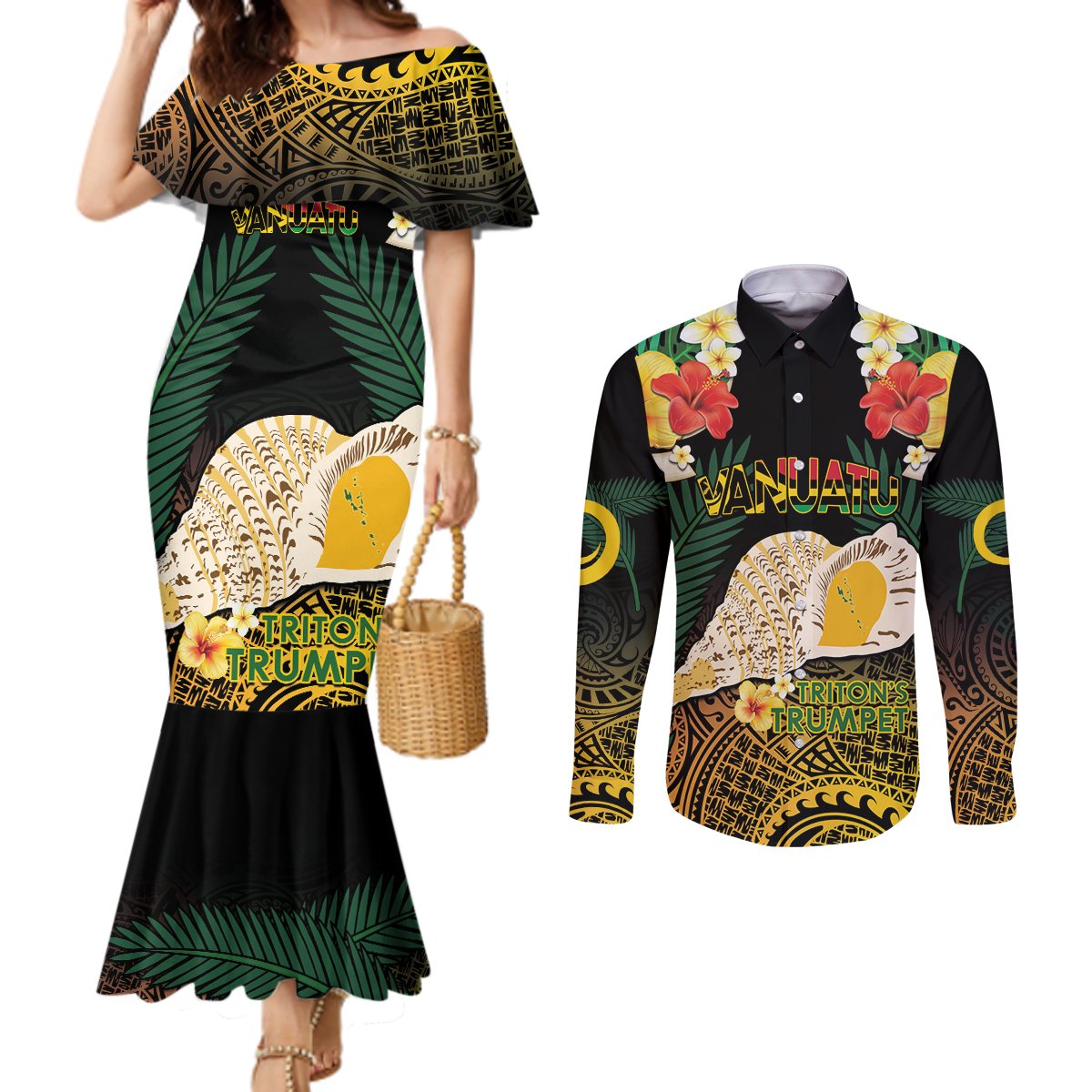 Vanuatu Triton's Trumpet Couples Matching Mermaid Dress and Long Sleeve Button Shirt Tropical Flowers Vanuatuan Map LT14 Black - Polynesian Pride