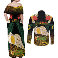 Vanuatu Triton's Trumpet Couples Matching Off Shoulder Maxi Dress and Long Sleeve Button Shirt Tropical Flowers Vanuatuan Map LT14 - Polynesian Pride