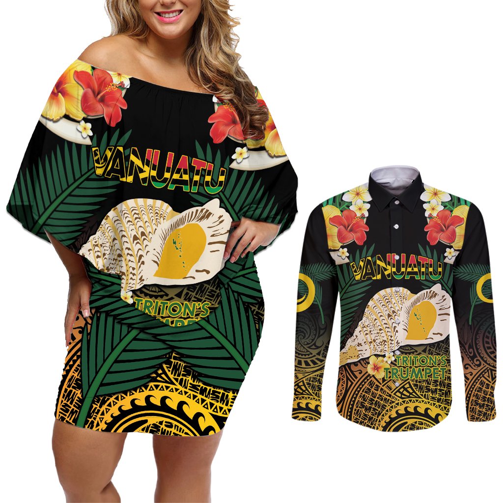 Vanuatu Triton's Trumpet Couples Matching Off Shoulder Short Dress and Long Sleeve Button Shirt Tropical Flowers Vanuatuan Map LT14 Black - Polynesian Pride