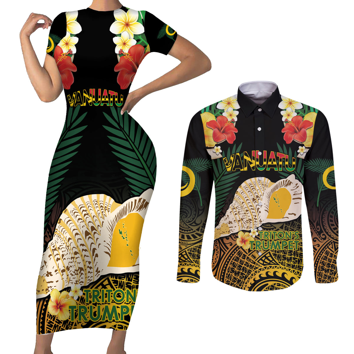 Vanuatu Triton's Trumpet Couples Matching Short Sleeve Bodycon Dress and Long Sleeve Button Shirt Tropical Flowers Vanuatuan Map LT14 Black - Polynesian Pride