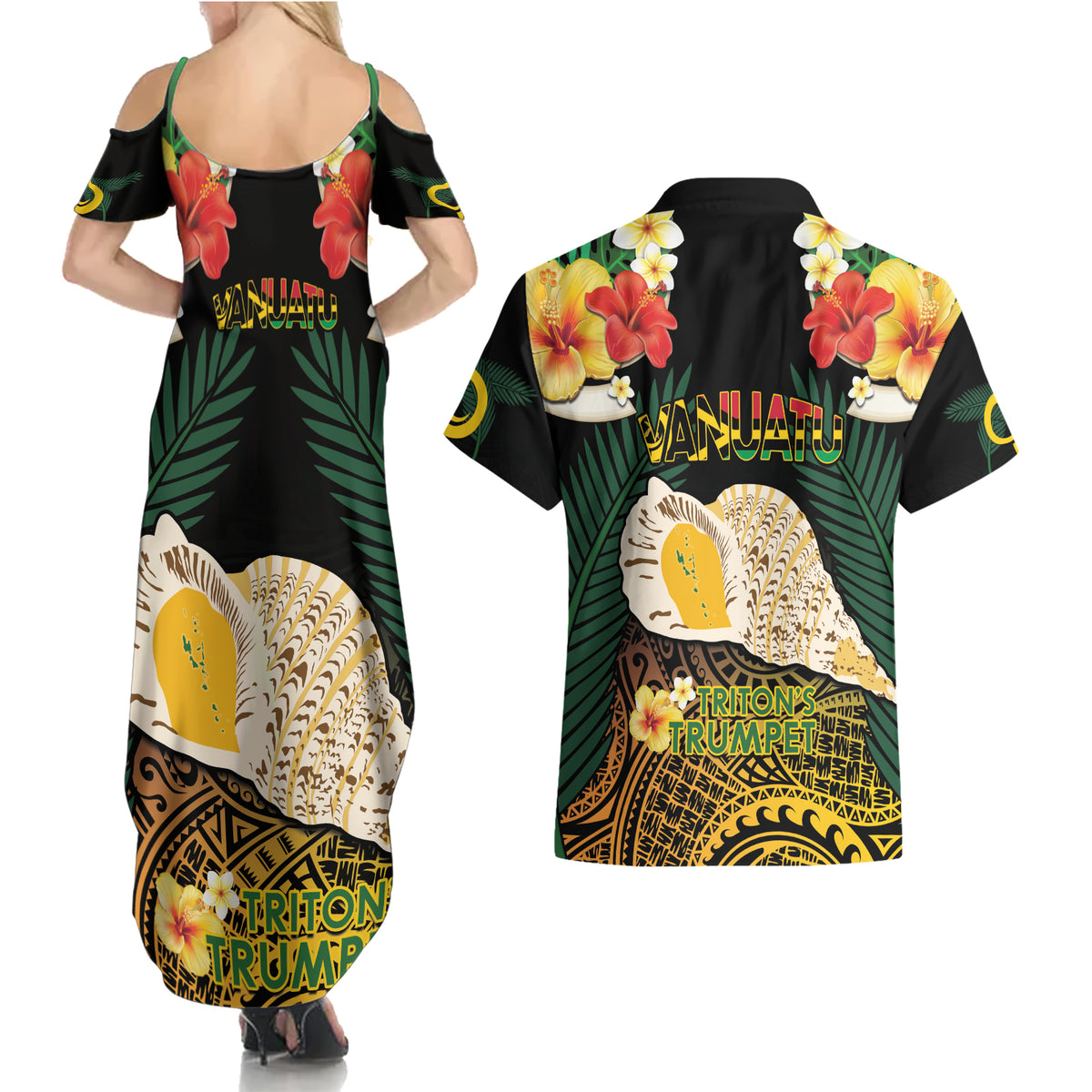 Vanuatu Triton's Trumpet Couples Matching Summer Maxi Dress and Hawaiian Shirt Tropical Flowers Vanuatuan Map