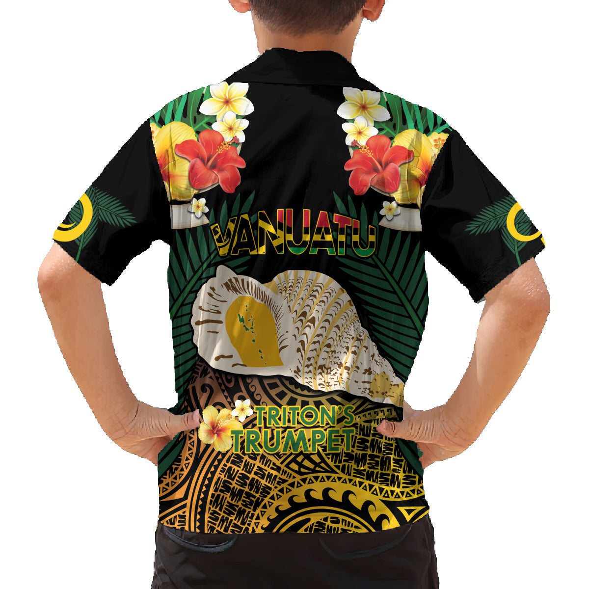 Vanuatu Triton's Trumpet Family Matching Long Sleeve Bodycon Dress and Hawaiian Shirt Tropical Flowers Vanuatuan Map