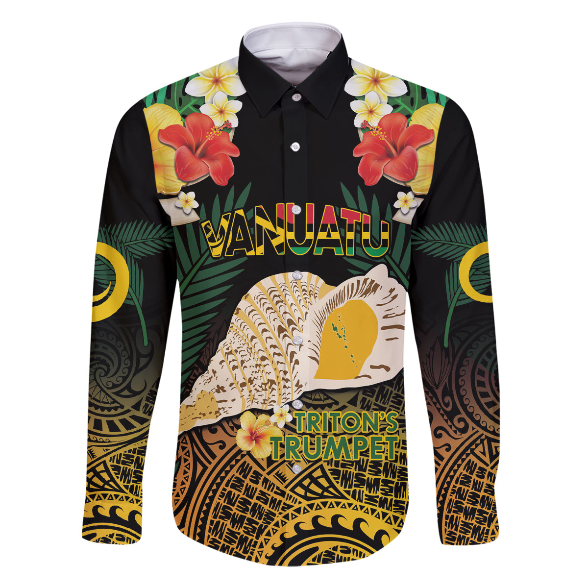 Vanuatu Triton's Trumpet Family Matching Long Sleeve Bodycon Dress and Hawaiian Shirt Tropical Flowers Vanuatuan Map