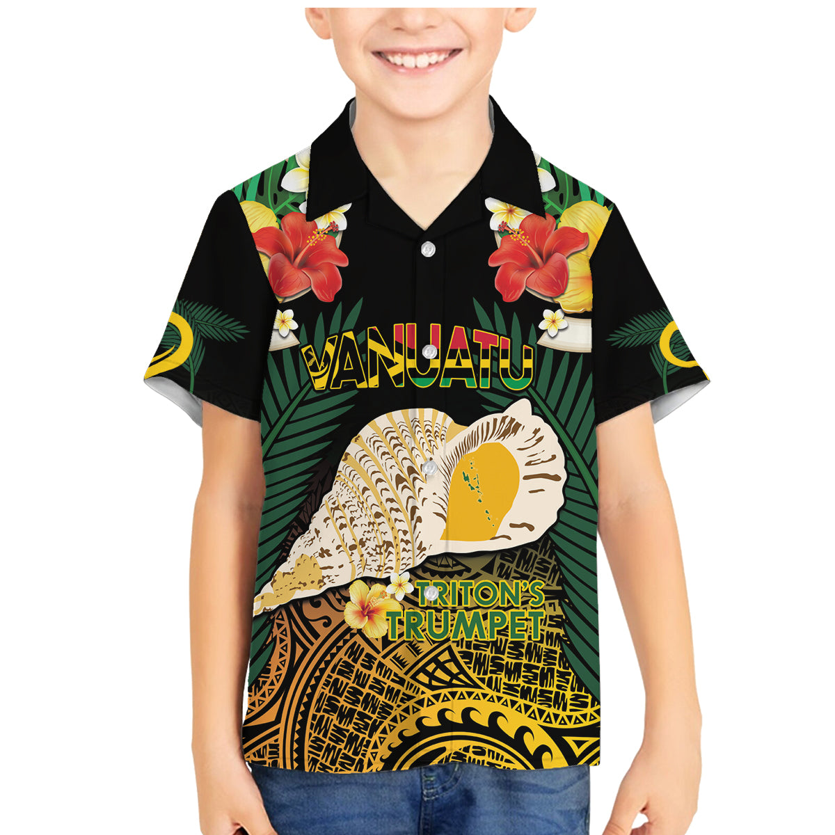 Vanuatu Triton's Trumpet Family Matching Mermaid Dress and Hawaiian Shirt Tropical Flowers Vanuatuan Map