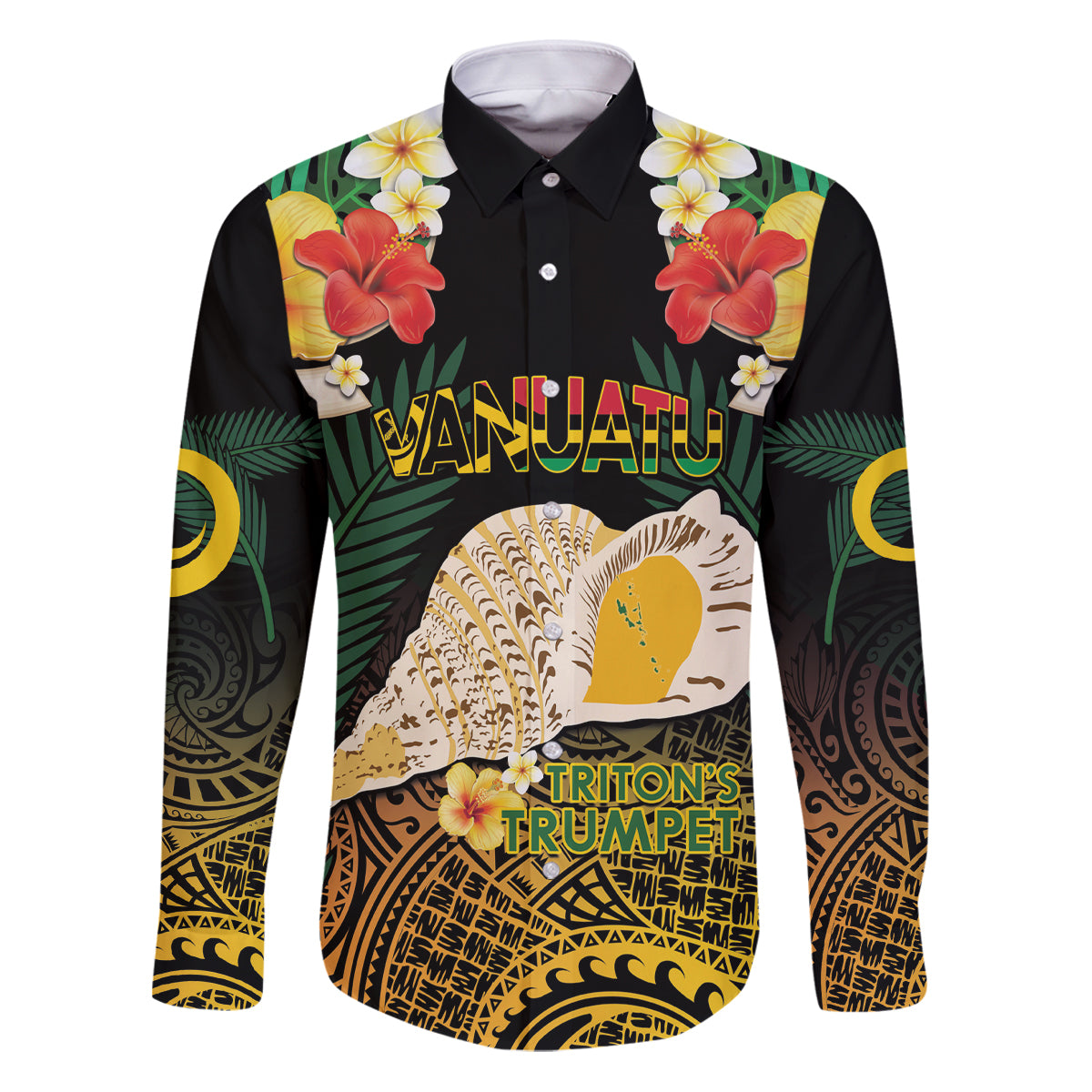 Vanuatu Triton's Trumpet Family Matching Puletasi and Hawaiian Shirt Tropical Flowers Vanuatuan Map