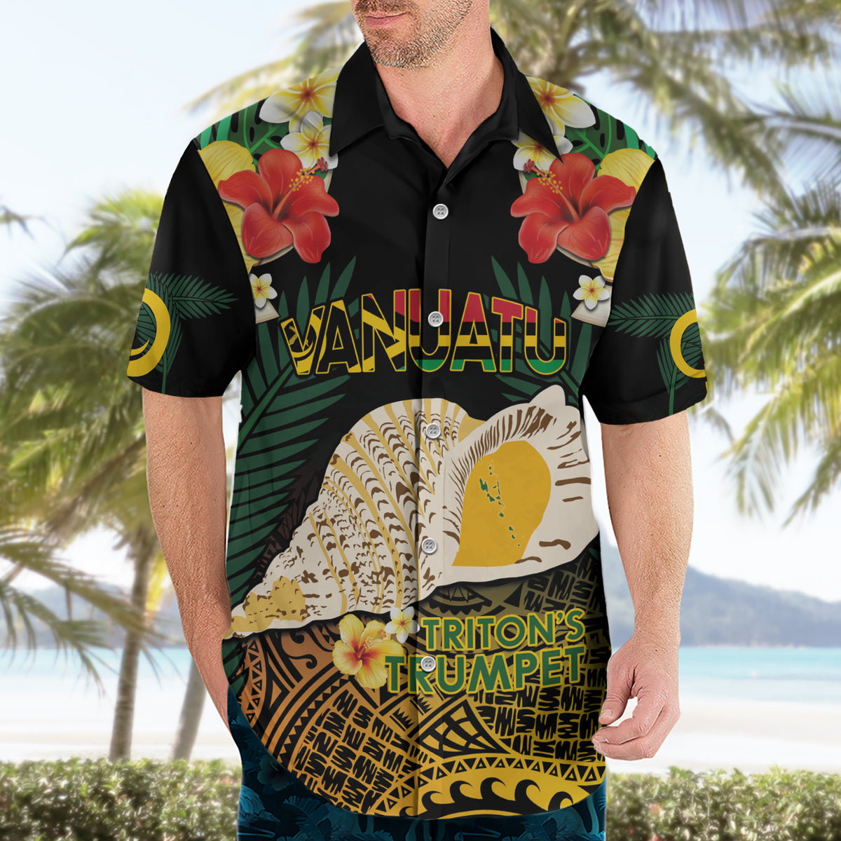 Vanuatu Triton's Trumpet Hawaiian Shirt Tropical Flowers Vanuatuan Map
