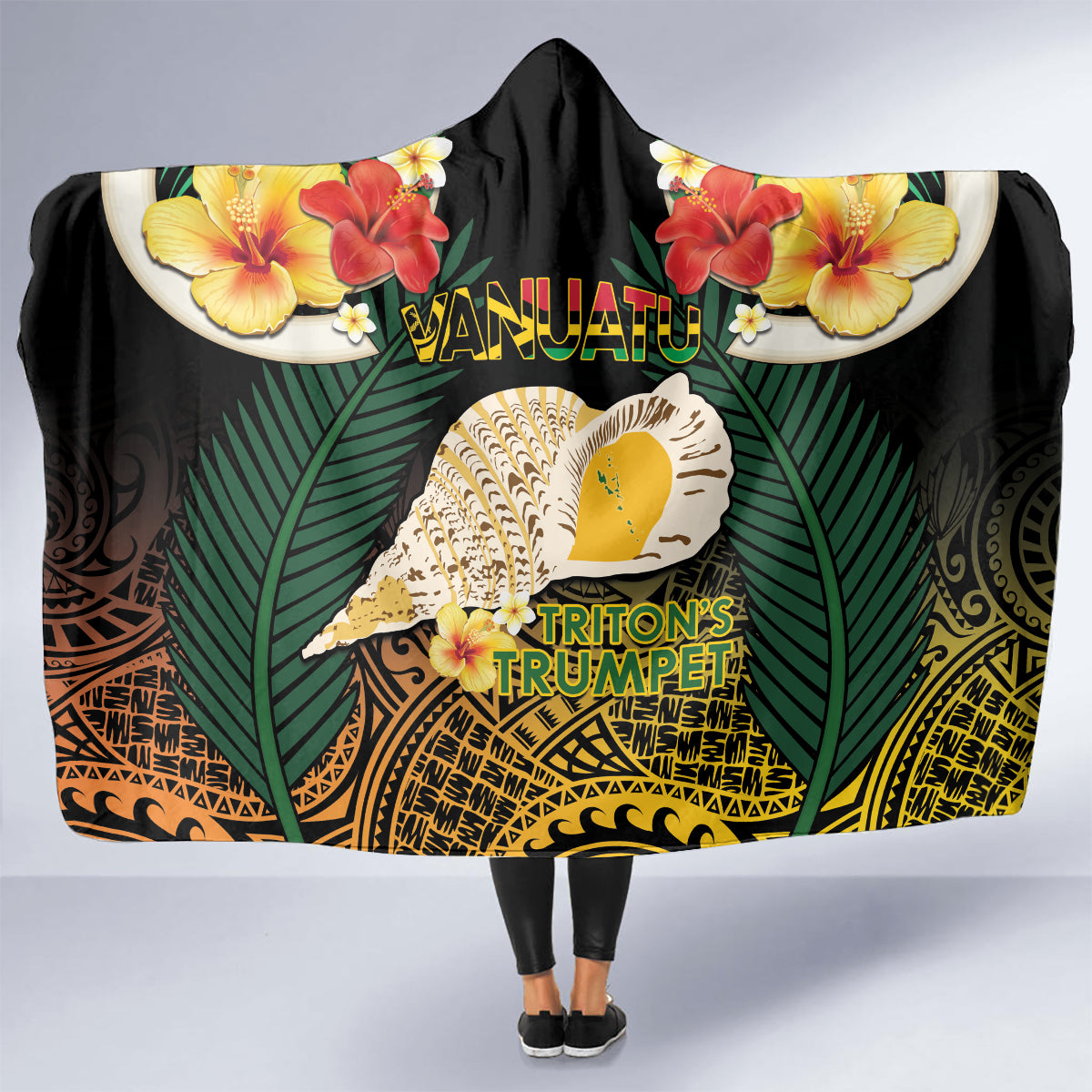 Vanuatu Triton's Trumpet Hooded Blanket Tropical Flowers Vanuatuan Map