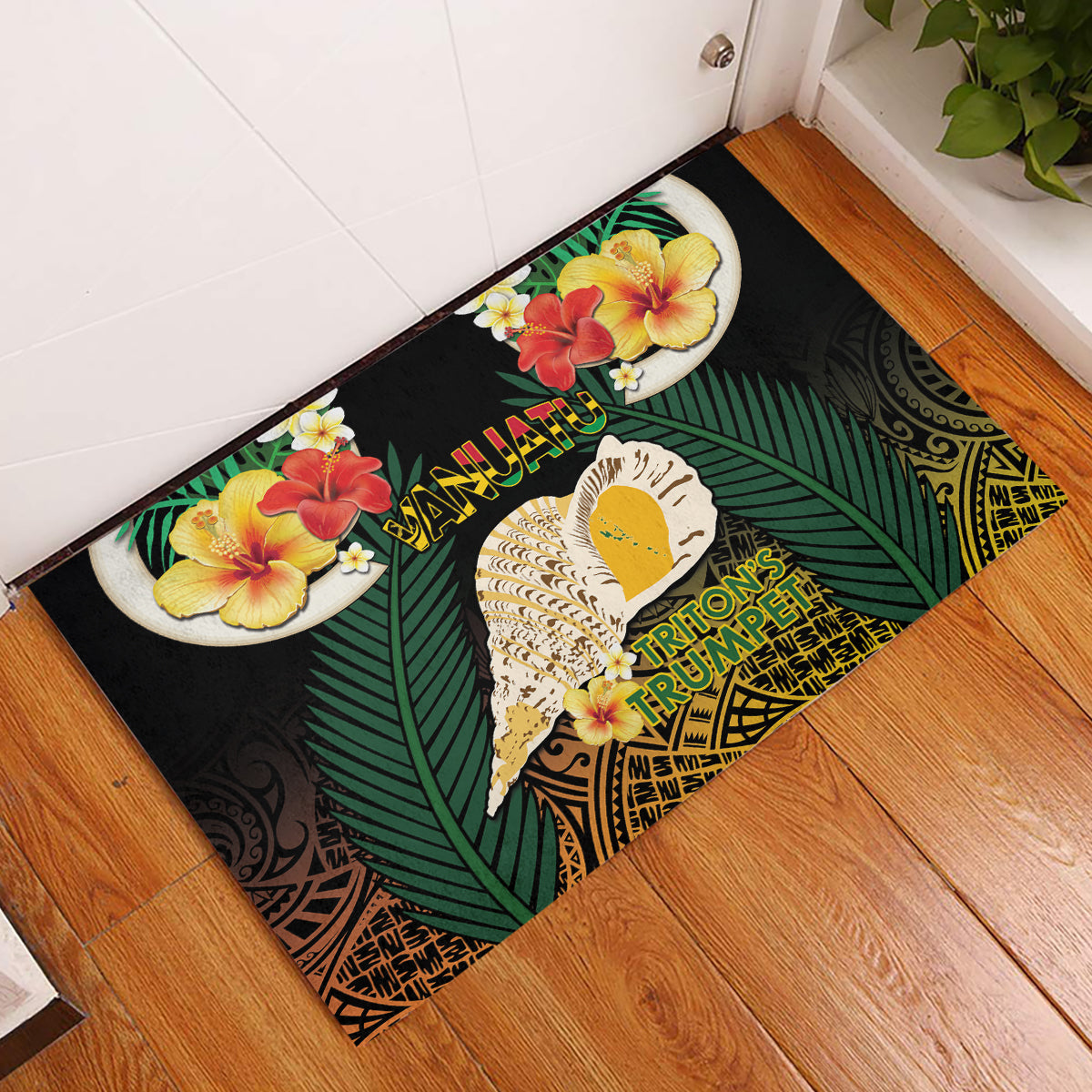 Vanuatu Triton's Trumpet Rubber Doormat Tropical Flowers Vanuatuan Map LT14 Black - Polynesian Pride