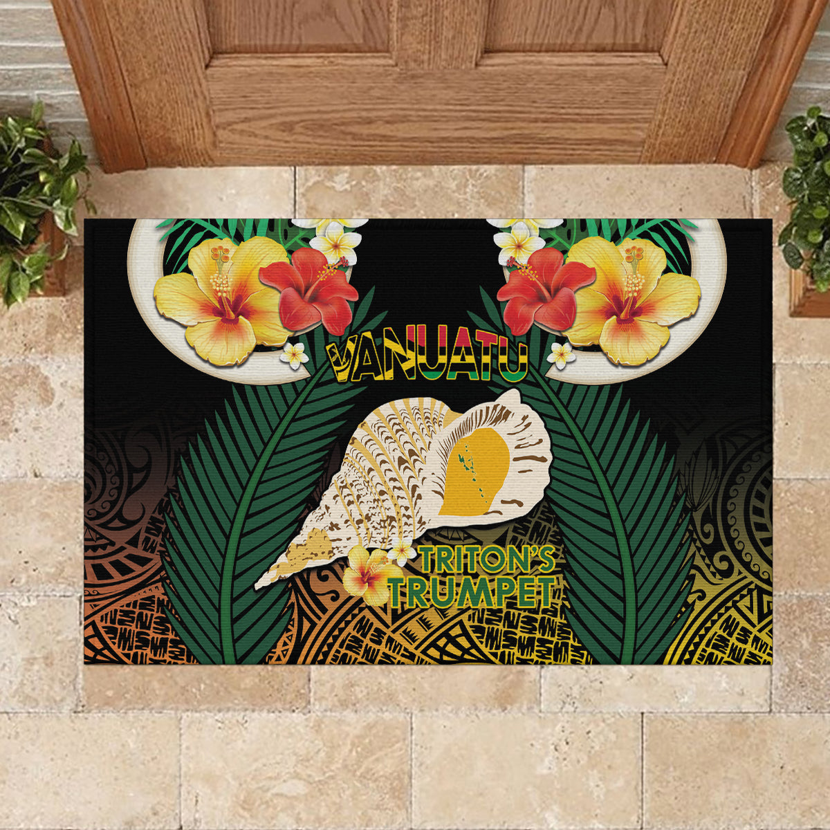 Vanuatu Triton's Trumpet Rubber Doormat Tropical Flowers Vanuatuan Map LT14 - Polynesian Pride