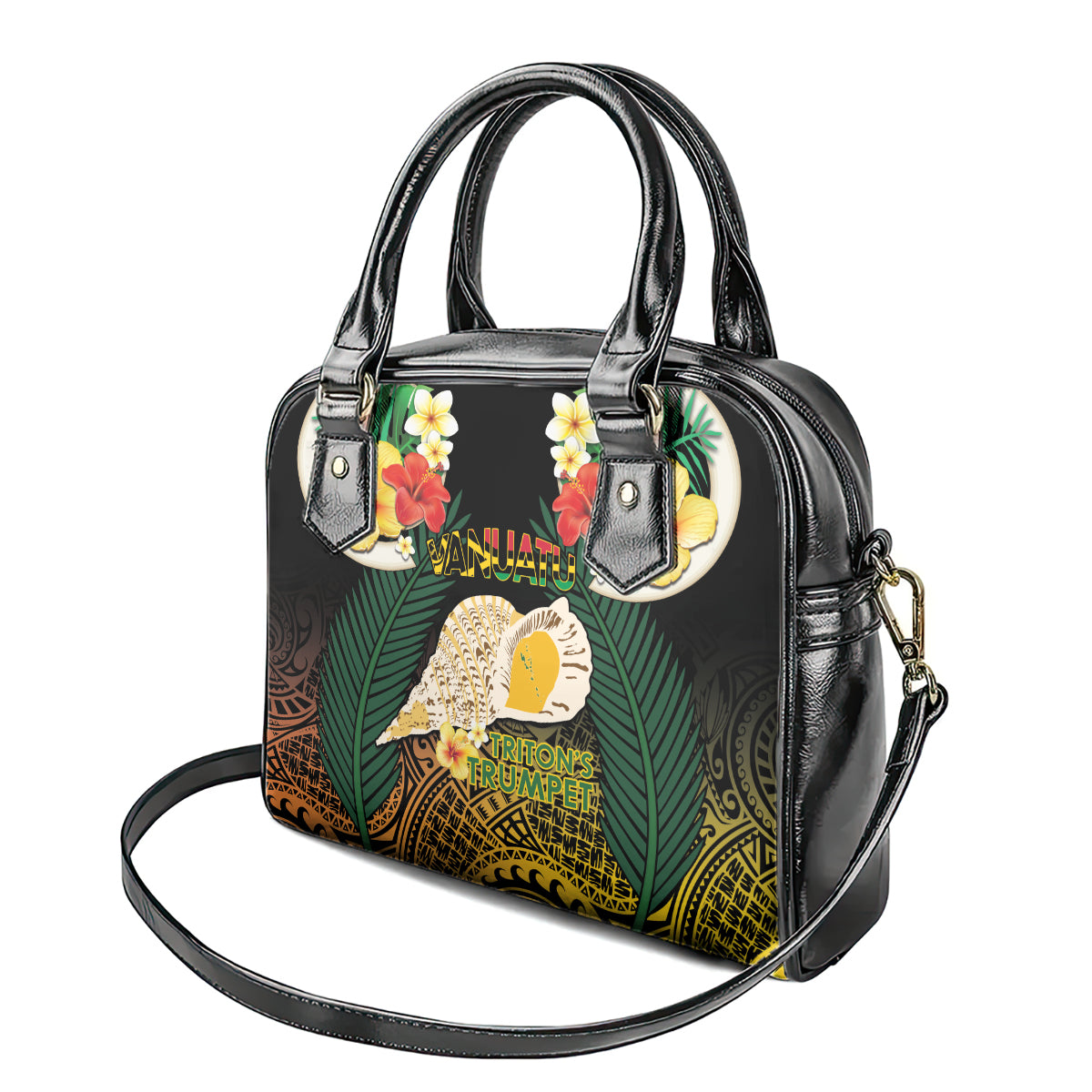 Vanuatu Triton's Trumpet Shoulder Handbag Tropical Flowers Vanuatuan Map
