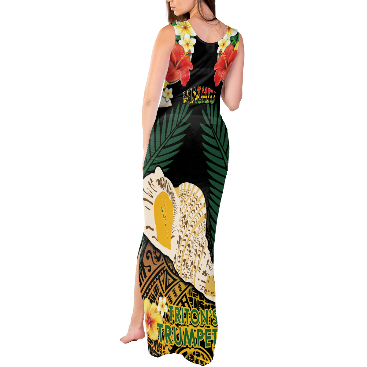 Vanuatu Triton's Trumpet Tank Maxi Dress Tropical Flowers Vanuatuan Map