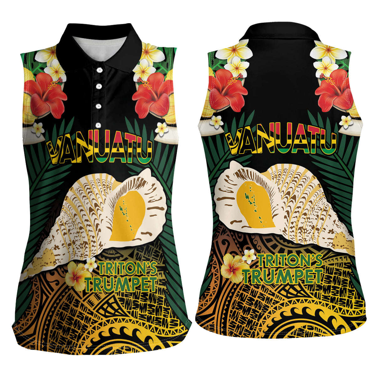 Vanuatu Triton's Trumpet Women Sleeveless Polo Shirt Tropical Flowers Vanuatuan Map LT14 - Polynesian Pride