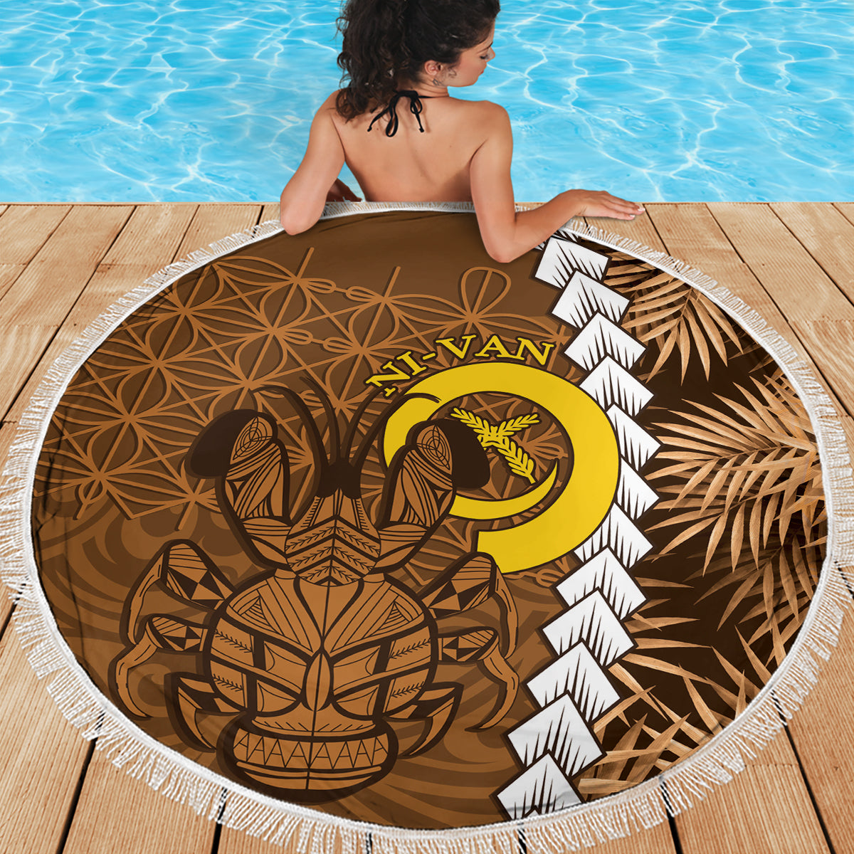 Vanuatu Coconut Crab Beach Blanket Ni-Van Tropical Leaves With Sand Drawing Art