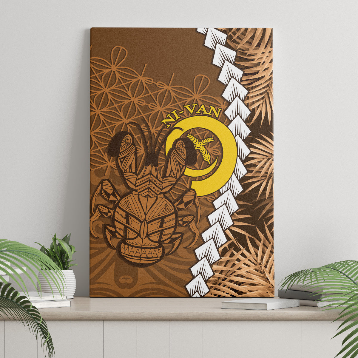 Vanuatu Coconut Crab Canvas Wall Art Ni-Van Tropical Leaves With Sand Drawing Art