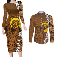 Vanuatu Coconut Crab Couples Matching Long Sleeve Bodycon Dress and Long Sleeve Button Shirt Ni-Van Tropical Leaves With Sand Drawing Art LT14 Brown - Polynesian Pride
