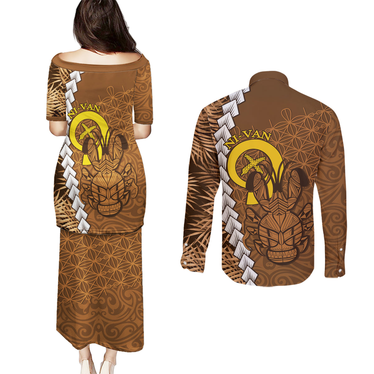 Vanuatu Coconut Crab Couples Matching Puletasi and Long Sleeve Button Shirt Ni-Van Tropical Leaves With Sand Drawing Art LT14 - Polynesian Pride